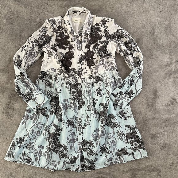 Anthropologie Lavinia Embroidered White Blue Shirt Dress Size 6 Button Cotton - Picture 1 of 8